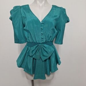 Watters & Watters Green Victorian Puff Sleeves Front Bow Peplum Top Size 14